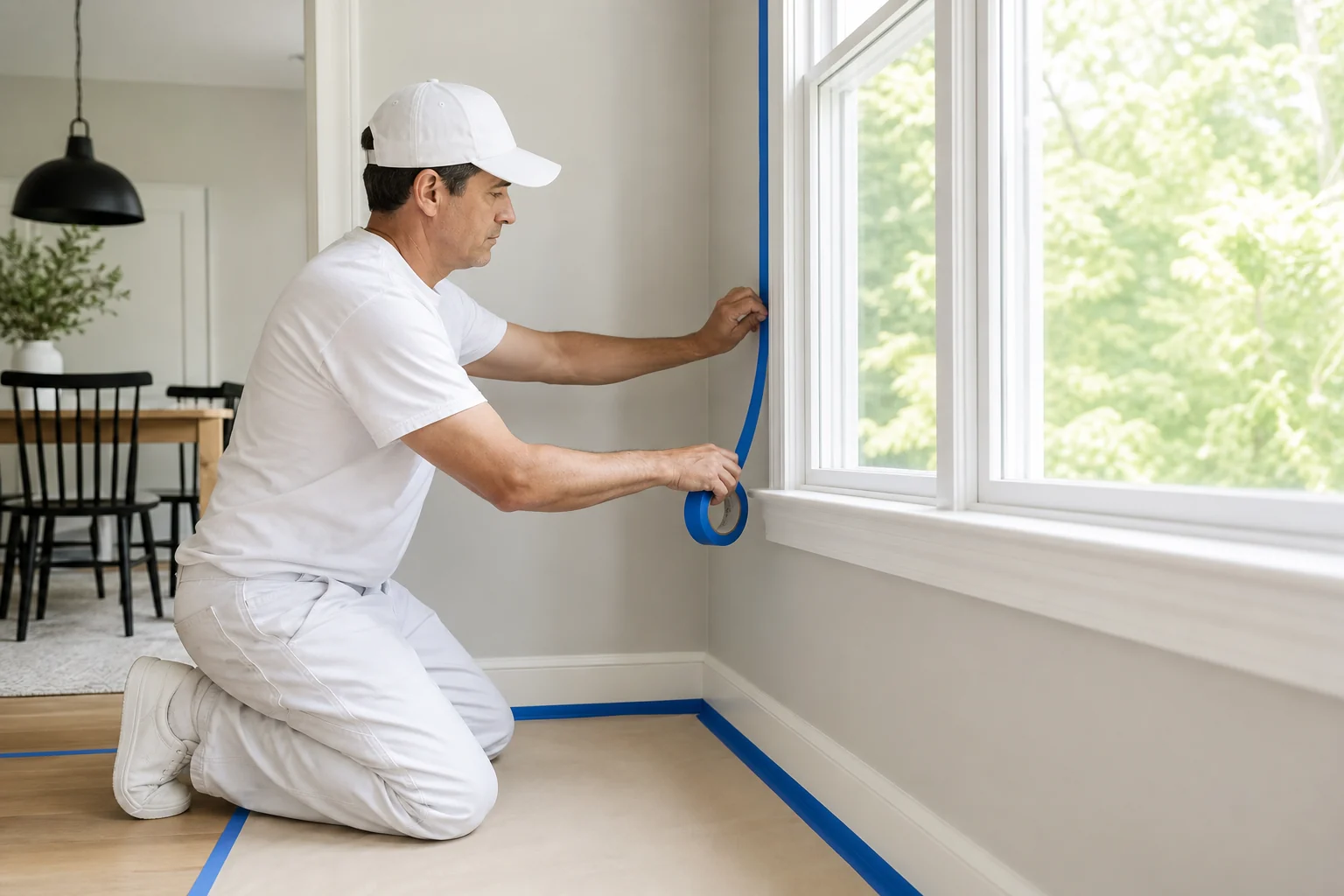 Painter carefully masking window trim before painting