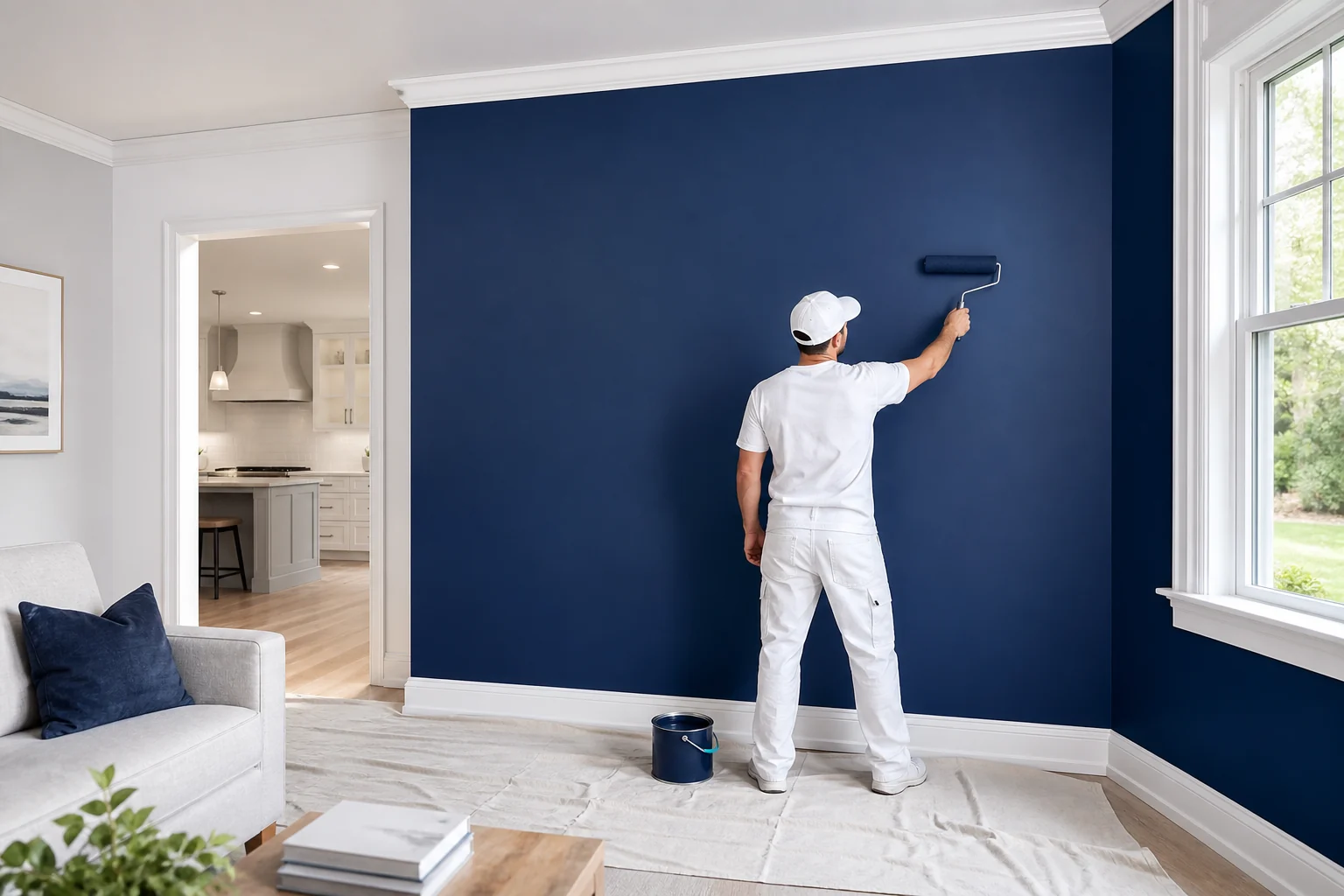 Professional painter applying a deep navy finish to a living room wall