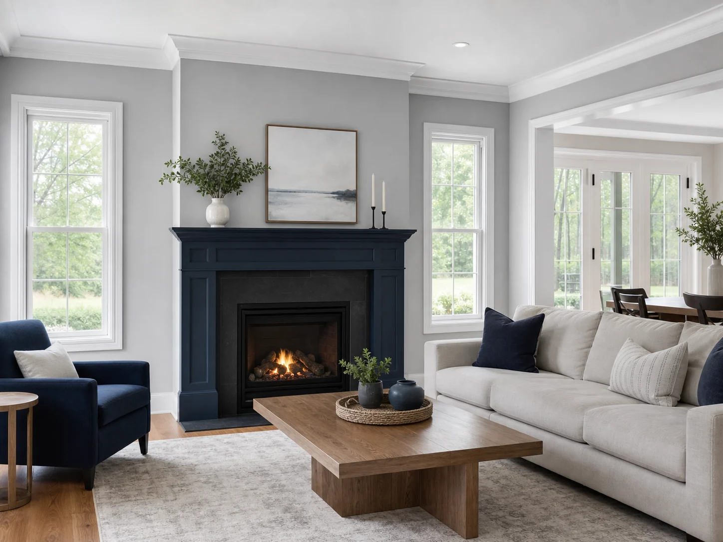 Freshly painted light gray living room with a deep navy fireplace